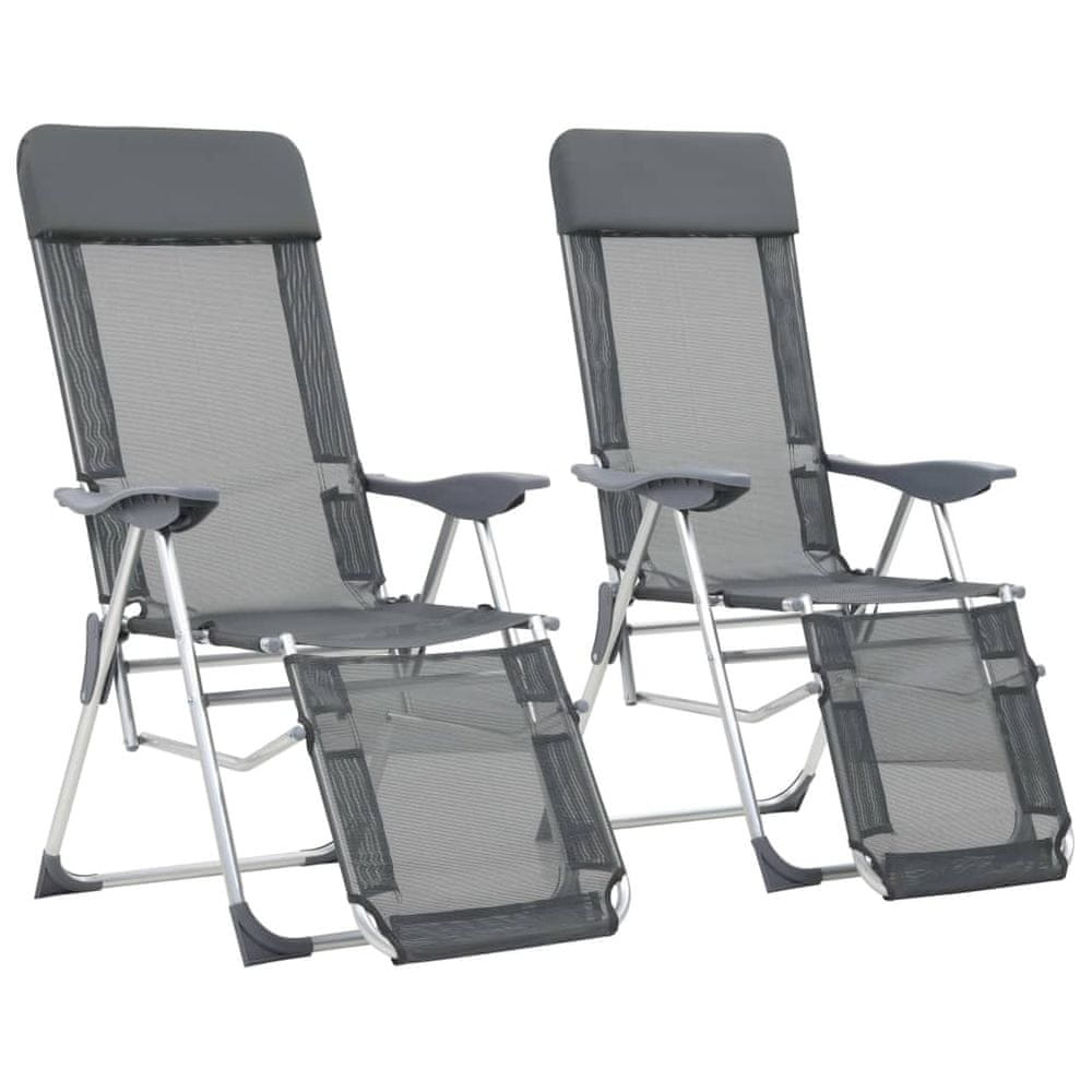 Vidaxl Skladacie kempingové stoličky s opierkami nôh 2ks sivé textilén